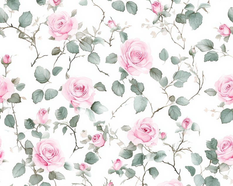 Pink Roses Pattern Paper Vintage Pink Rose Seamless Digital Paper, Pink Watercolor Roses ...