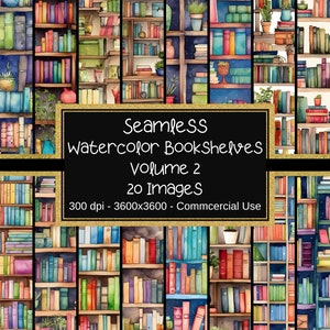 May include: A digital collage of 20 watercolor illustrations of bookshelves filled with colorful books. The title "Seamless Watercolor Bookshelves Volume 2 20 Images 300 dpi - 3600x3600 - Commercial Use" is displayed in a gold frame.