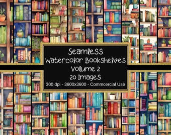 Peut inclure: Un collage numérique de 20 illustrations aquarelle de bibliothèques remplies de livres colorés. Le titre "Seamless Watercolor Bookshelves Volume 2 20 Images 300 dpi - 3600x3600 - Commercial Use" est affiché dans un cadre doré.