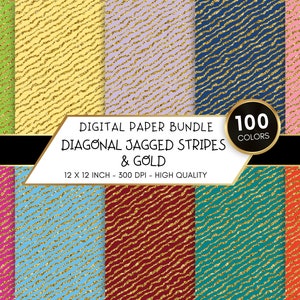 100 Diagonal Jagged Stripes with Gold Glitter Digital Papers, 12&quot;x12&quot;, 100 Images, Stripe Pattern, Rainbow Colors, Distorted Stripes