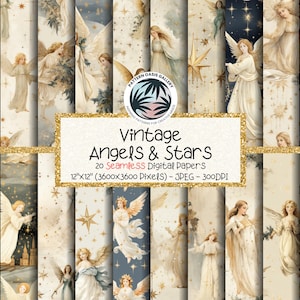 Angels and Stars Vintage Digital Paper Pack - Set of 20, Instant Download, Christmas Background Papers, Seamless Angels Digital Pattern