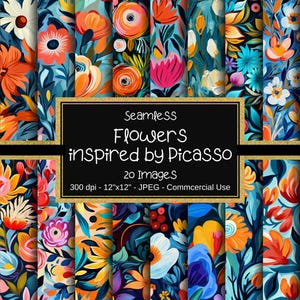 Picasso Flowers Seamless Patterns, Colorful Floral Seamless Digital Paper, 12&quot;x12&quot;, 20 Images, Abstract Flower Patterns, Inspired by Picasso