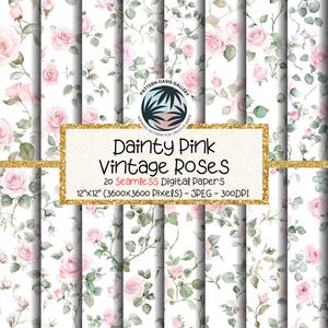 Vintage roze roos naadloos digitaal papier, naadloze roze aquarelrozen patroon, 12 x 12 inch, 20 afbeeldingen, digitale scrapbooking, bloempatronen