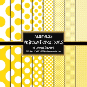Gelbe Punkte nahtloses digitales Papier, 30,5 x 30 cm, 16 Papiere, kleine und große Punkte, gepunktet, gelb-weiß farbige Punkte, Scrapbook