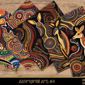 Puede incluir: Cinco dise&ntilde;os de papel digital con arte aborigen sobre fondo negro y puntos de colores. Los dise&ntilde;os representan canguros y otros animales. El texto "Aboriginal Art #4" est&aacute; en la parte inferior de la imagen.