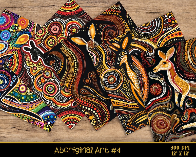 Puede incluir: Cinco dise&ntilde;os de papel digital con arte aborigen sobre fondo negro y puntos de colores. Los dise&ntilde;os representan canguros y otros animales. El texto "Aboriginal Art #4" est&aacute; en la parte inferior de la imagen.