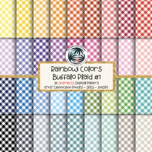 May include: A selection of 36 digital papers with a buffalo plaid design in rainbow hues. Each paper is 30.48 cm x 30.48 cm. The image includes text that reads "Rainbow Colors Buffalo Plaid #1".