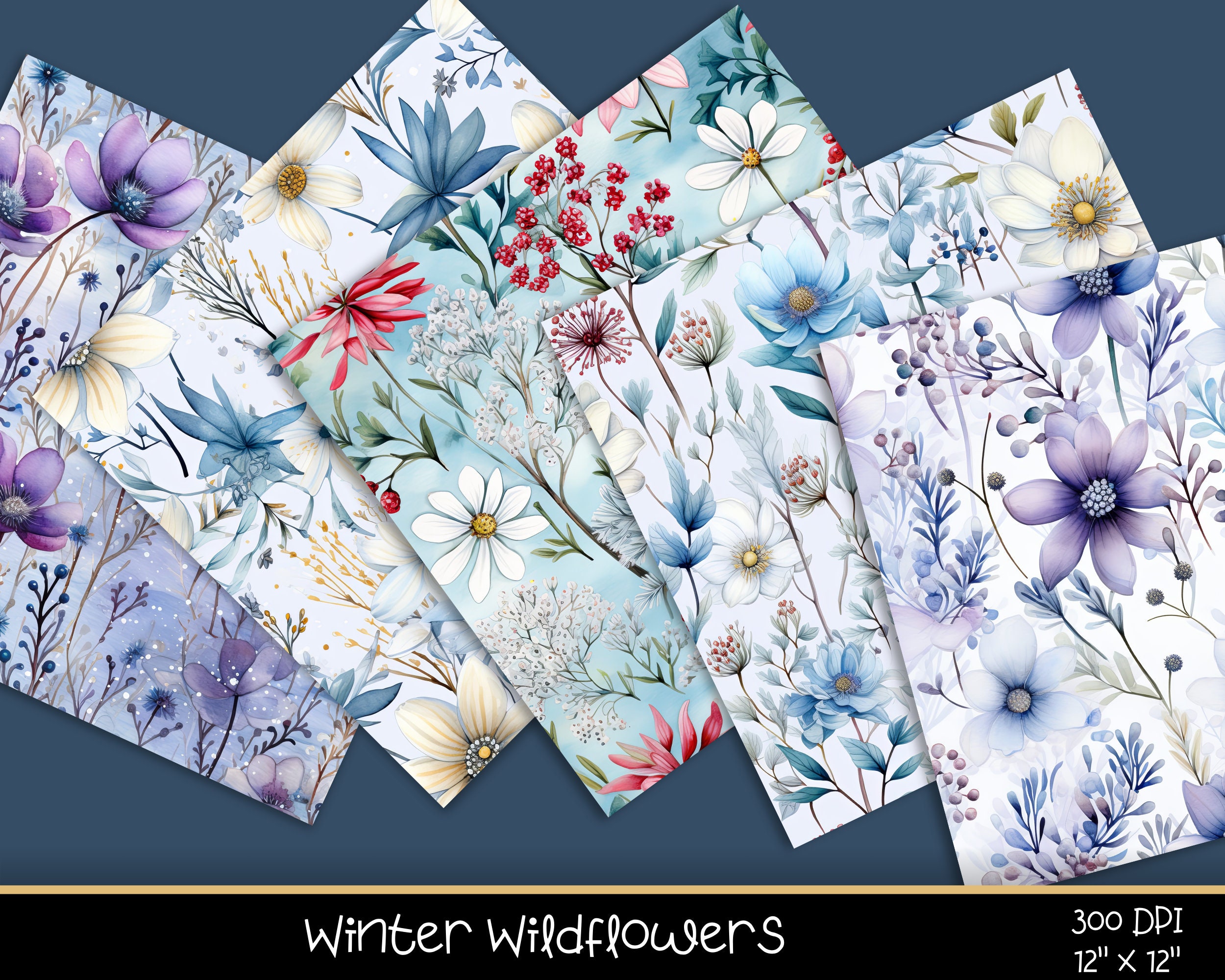 Winter Wildflowers Seamless Digital Papers, Snowy Wildflower Patterns ...