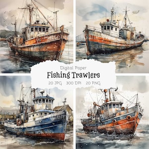 Puede incluir: Paquete de papel digital con cuatro ilustraciones de acuarela de barcos de pesca de arrastre. Los barcos de arrastre se representan en varios tonos de azul, rojo y marrón, con detalles realistas como cuerdas, redes y ventanas. El fondo es una suave acuarela de azul y gris, que sugiere el mar.