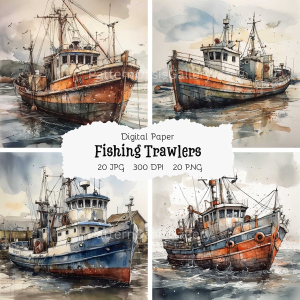 20 High Quality Designs of Fishing Trawlers Clip Art, JPG & PNG, Journaling, Digital Print, Wall Art Commercial Use, Watercolor, #35