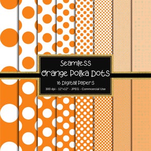 May include: A set of 16 digital papers featuring seamless orange polka dot patterns in various sizes. The papers are 12 inches by 12 inches and 300 dpi. They are perfect for crafting, scrapbooking, and other creative projects.