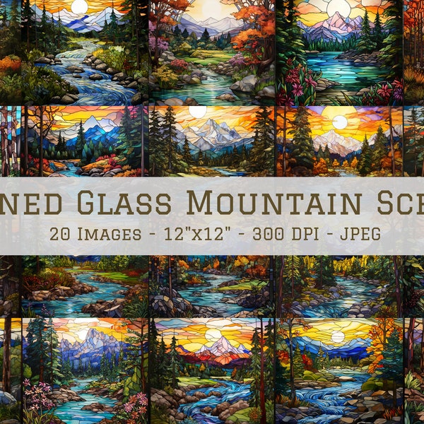 Stained Glass Mountain Scene Digital Paper, Mountain Stained Glass Background, 20 Designs, 12"x12", Stained Glass Sublimation, Commercial