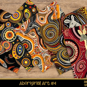 Puede incluir: Seis dise&ntilde;os de papel digital con arte aborigen con intrincados patrones en negro, rojo, amarillo, blanco y azul. Los dise&ntilde;os incluyen c&iacute;rculos, puntos, espirales y figuras de animales. El texto "Aboriginal Art #4" est&aacute; en la parte inferior de la imagen. El texto "300 DPI 12" x 12" est&aacute; en la parte inferior derecha de la imagen.