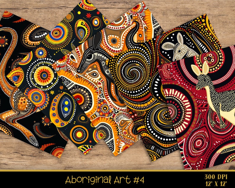 Puede incluir: Seis dise&ntilde;os de papel digital con arte aborigen con intrincados patrones en negro, rojo, amarillo, blanco y azul. Los dise&ntilde;os incluyen c&iacute;rculos, puntos, espirales y figuras de animales. El texto "Aboriginal Art #4" est&aacute; en la parte inferior de la imagen. El texto "300 DPI 12" x 12" est&aacute; en la parte inferior derecha de la imagen.