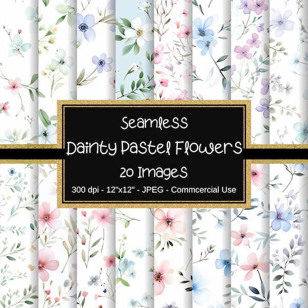 Dainty Pastel Flowers Seamless Digital Papers, Floral Watercolor Scrapbook Paper, 12"x12", 20 Designs, Minimalist Flowers, Floral Pattern