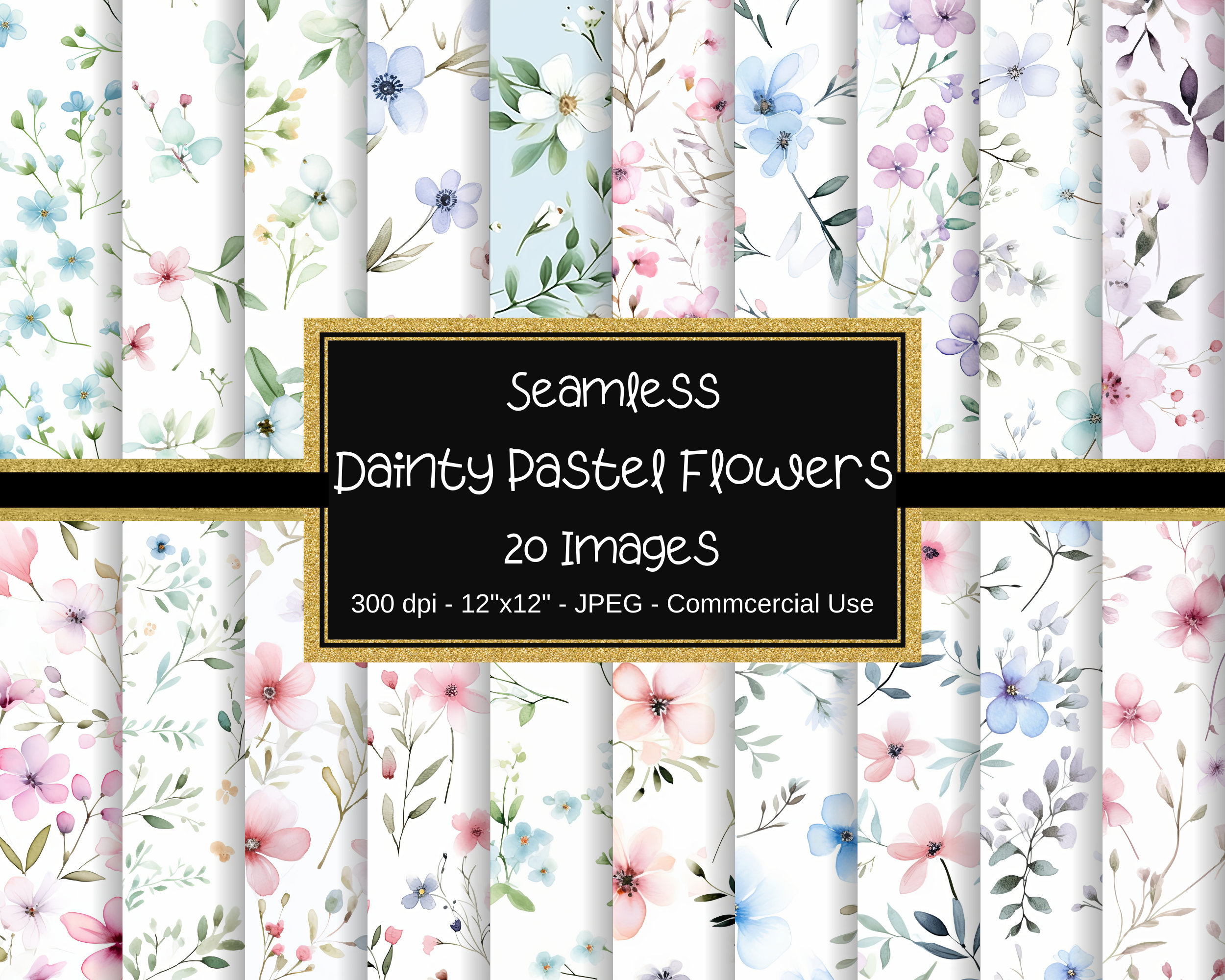 Dainty Pastel Flowers Seamless Digital Papers, Floral Watercolor Scrapbook Paper, 12"x12", 20 Designs, Minimalist Flowers, Floral Pattern