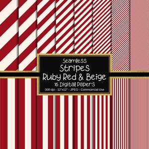 May include: A collection of 16 digital papers with seamless ruby red and beige stripes. The papers feature various stripe patterns, including vertical, diagonal, and alternating widths. The image includes the text "Seamless Stripes Ruby Red & Beige 16 Digital Papers".