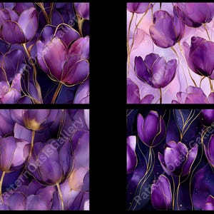 May include: Four square images showcasing a floral pattern of purple tulips with gold accents. The tulips have a watercolor effect, with varying shades of purple and gold. The background is a dark blue and pink gradient.