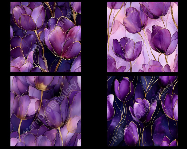 May include: Four square images showcasing a floral pattern of purple tulips with gold accents. The tulips have a watercolor effect, with varying shades of purple and gold. The background is a dark blue and pink gradient.