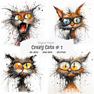 20 cliparts fous, vol. 1, clipart chat, drôle de chat fou décalé, clipart aquarelle imprimable, fichiers JPG de haute qualité, #22