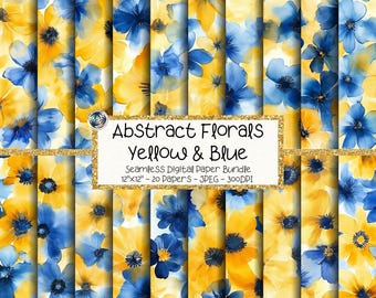 Abstract Florals Digital Paper Bundle, Seamless Watercolor Yellow Blue Flower Patterns (Digital Download)