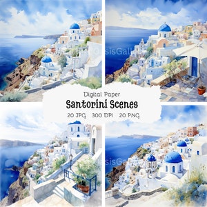 20 Santorini Grecia Clipart, Estate in Grecia, Vacanze in Grecia, Clipart acquerello stampabile, JPG di alta qualità, Carta artigianale, #87