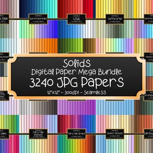 May include: A digital paper mega bundle featuring 3240 JPG papers. The image displays a variety of solid color swatches, each labeled with a unique name. The papers are 12"x12" and seamless. The image includes text that reads "Solids Digital Paper Mega Bundle".