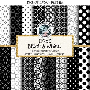 Black & White Polka Dots Digital Paper Bundle, 12"x12" Seamless Scrapbooking Patterns