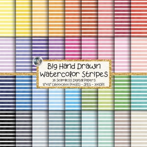 May include: A collection of 36 seamless digital papers with watercolor stripes in various colors, including yellow, orange, red, purple, pink, blue, and green. Each paper is 12"x12" (3600x3600 pixels) and is labeled "Big Hand Drawn Watercolor Stripes".