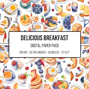 May include: A digital paper pack with 20 seamless patterns featuring watercolour illustrations of breakfast foods, including pancakes, eggs, fruit, coffee, and pastries. The patterns are 12 inches by 12 inches and 300 DPI.