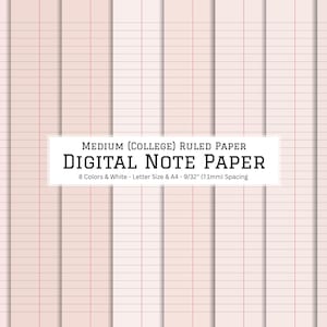 Op de afbeelding: Digitaal notitiepapier met een college-gelijnd ontwerp. Het papier heeft een lichtroze rasterpatroon met rode lijnen. De tekst op de afbeelding luidt "DIGITAL NOTE PAPER" en "8 Colors & White - Letter Size & A4 - 9/32" (7.1mm) Spacing."
