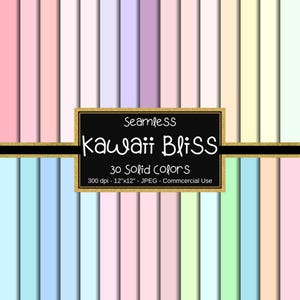 Könnte beinhalten: Ein digitales Papierpaket mit 30 einfarbigen Pastellfarben. Das Bild zeigt eine Reihe von Farben, darunter Rosa, Blau, Grün und Gelb. Der Text auf dem Bild lautet "Seamless Kawaii Bliss" und "30 Solid Colors". Das Papier ist 30,48 cm x 30,48 cm groß.