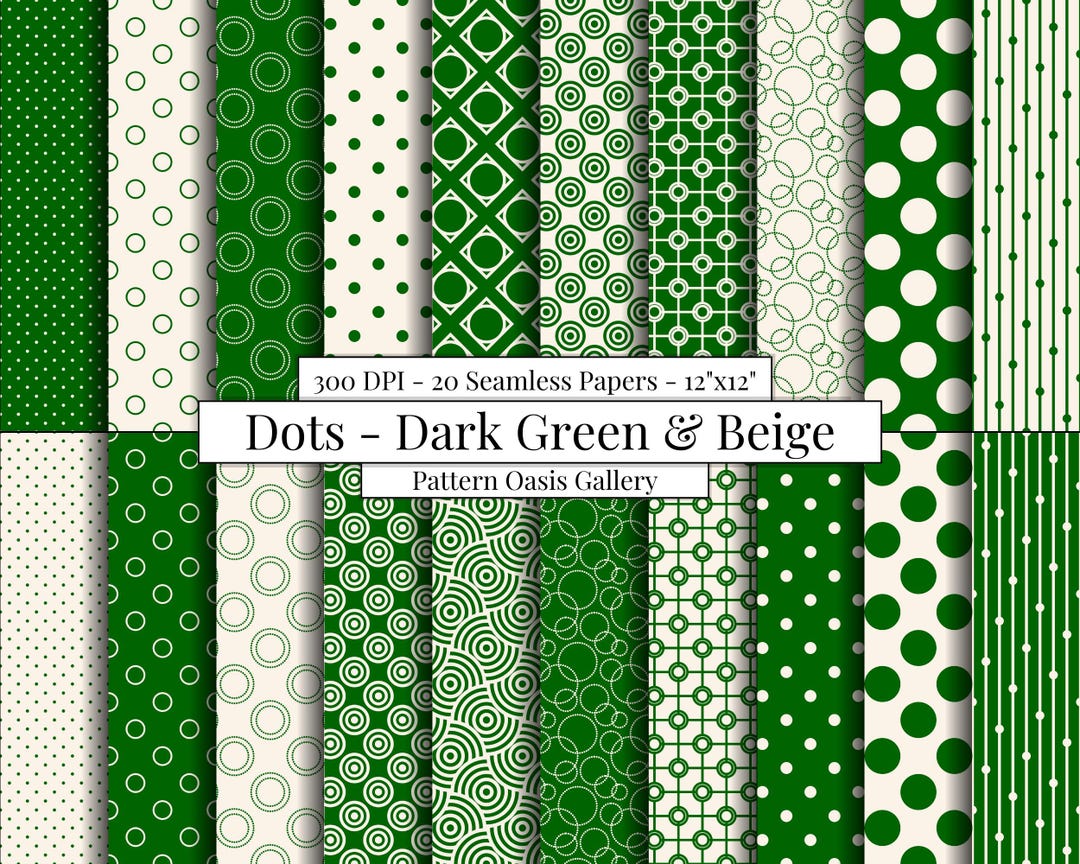 Dark Green Polka Dot Seamless Patterns, 12"x12", 20 Papers, Green and ...