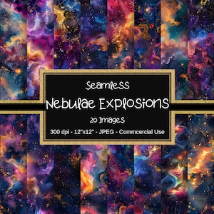Nebulae Nahtloses Digitales Papier, Galaxy Nebel und Stern Hintergrund, 20 Bilder, 12 "x 12", kosmischer Hintergrund, Weltraummuster, goldene Sterne