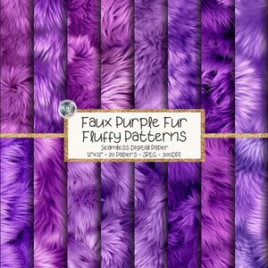 May include: A collection of twenty seamless digital paper patterns featuring various shades of purple faux fur textures. A central rectangular label displays the text: Faux Purple Fur Fluffy Patterns, Seamless Digital Paper, 12"x12" - 20 Papers - JPEG - 300DPI.