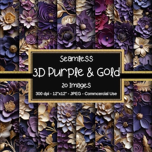 3D naadloze paarse en gouden bloemenpatronen, 3D zwarte en gouden bloemen digitaal papier, 20 ontwerpen, 12 x 12 inch, commercieel gebruik, 3D-bloemen
