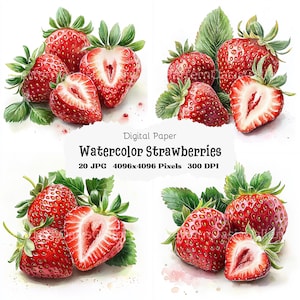 20 Strawberry Clipart Images, Watercolor Strawberry Clipart, High-Quality JPGs, Wall Art, Printable Strawberry Art, Watercolour Painting