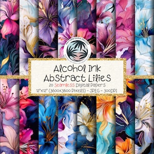 Alkohol Tinte Lilien Nahtlose Muster, Alkohol Tinte Blumen Digitales Papier, 12 "x12", 20 Designs, abstrakte Lilien, Sublimation, kommerzielle Nutzung