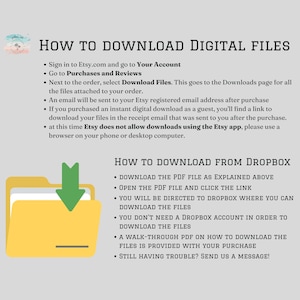 K&ouml;nnte beinhalten: Eine Grafik mit Anweisungen zum Herunterladen digitaler Dateien von Etsy und Dropbox. Die Grafik enth&auml;lt ein Ordnersymbol mit einem nach unten zeigenden Pfeil und Text, der die Schritte zum Herunterladen von Dateien von beiden Plattformen erkl&auml;rt.