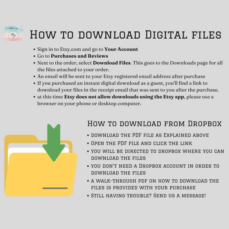 K&ouml;nnte beinhalten: Eine Grafik mit Anweisungen zum Herunterladen digitaler Dateien von Etsy und Dropbox. Die Grafik enth&auml;lt ein Ordnersymbol mit einem nach unten zeigenden Pfeil und Text, der die Schritte zum Herunterladen von Dateien von beiden Plattformen erkl&auml;rt.