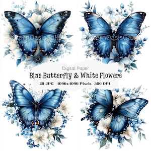 20 cliparts papillon bleu avec fleurs, images de papillons bleus, fichiers JPG de haute qualité, ensemble de cliparts, créations en papier, journal indésirable, scrapbooking