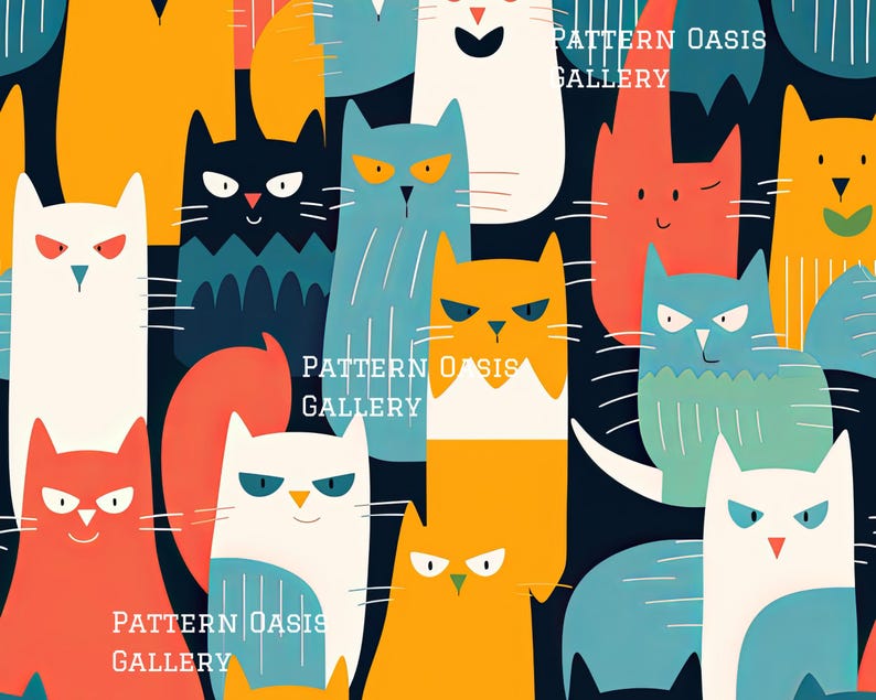 Cat Pattern Subtle Abstract Cats Seamless Digital Papers, Colorful Cats Patterns, Cats ...