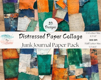 Distressed Junk Journal Pages, Full and Half Papers, Green and Orange Collage Papers, Grunge Printables, Scrapbook Supplies, Mixed Media
