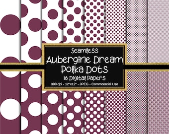 Aubergine Dream Polka Dots Nahtloses Digital Papier, 12 "x12", 16 Papiere, Kleine Punkte, Große Punkte, Gepunktet, Lila Weiße Punkte