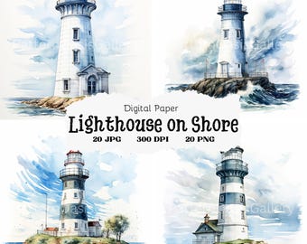 20 Lighthouse on Shore Clipart, Blue Lighthouse Images, Watercolor Lighthouse Clipart, Ocean Clipart, Wall Art,High Quality JPGs,#156