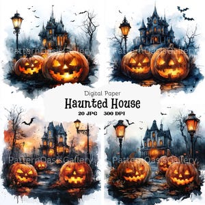 20 Haunted House Clipart, Haunted Mansion Watercolor Clipart, JPEGs, Paper Craft, Halloween House Pumpkin, Junk Journal, Clipart Bundle