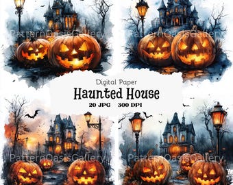 20 Haunted House Clipart, Haunted Mansion Watercolor Clipart, JPEGs, Paper Craft, Halloween House Pumpkin, Junk Journal, Clipart Bundle