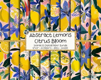 Abstract Lemon Digital Paper Bundle, Seamless Citrus Floral Pattern (Digital Download)