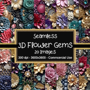 Papéis digitais de gemas de flores 3D, gemas florais 3D, padrões sem costura de flores 3D, 20 designs, 12 x 12 pol., Uso comercial, padrões de flores 3D