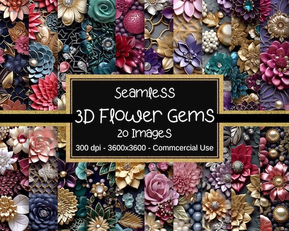 3D Flower Gems Digital Papers, 3D Floral Gems, 3D Flower Seamless Patterns, 20 Designs, 12x12in, Commercial Use, 3D Flower Patterns